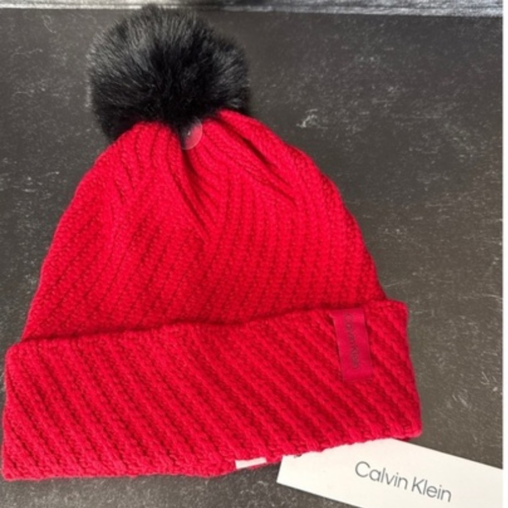 NWT Calvin Klein Red Beanie with Black Pom